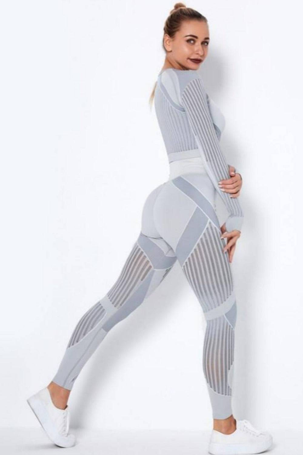 Tummy Control High Waist Seamless Yoga Top And Leggings 2 Piece Set - Light Gray - TGC Boutique - Leggings Set