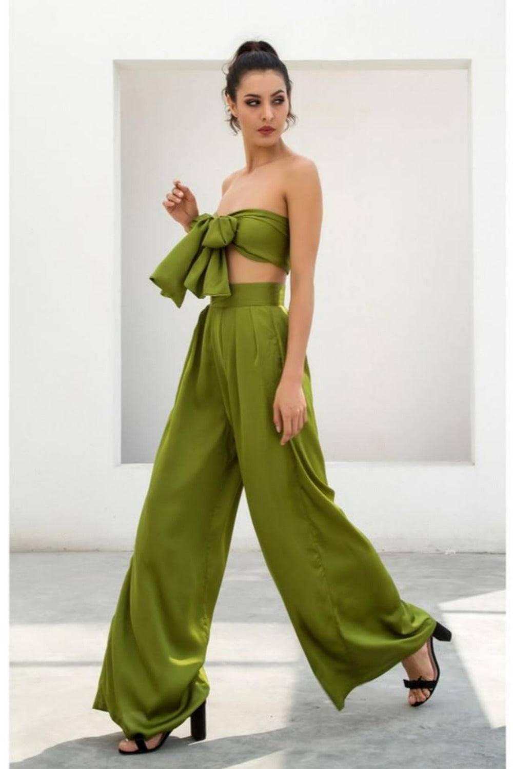 Two-Piece Silky Strapless Palazzo Pants Set - Green