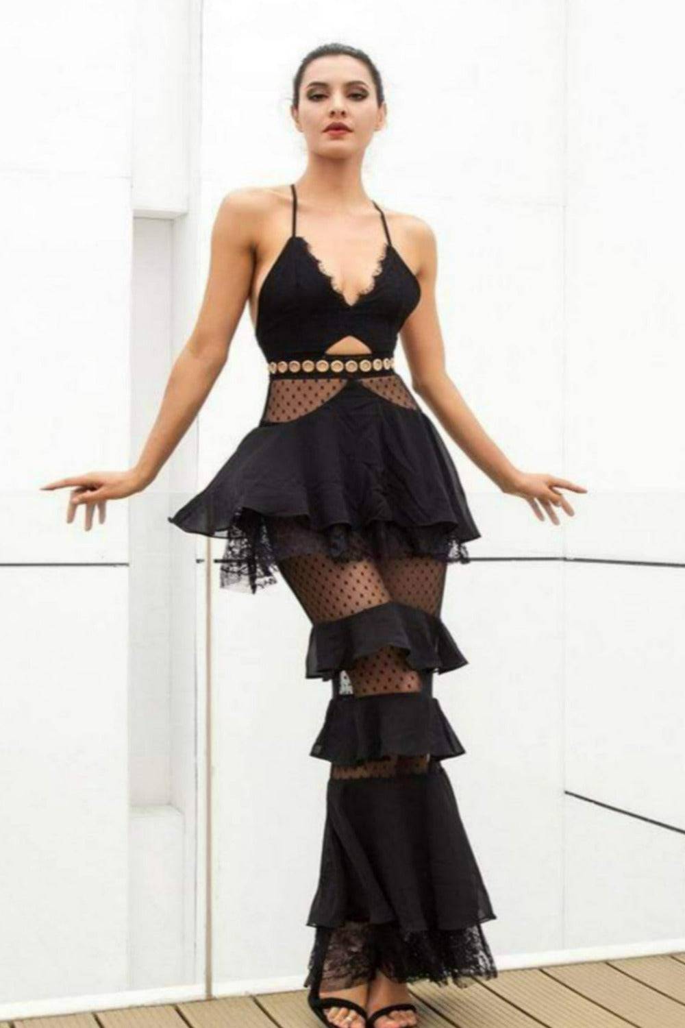 Valerie Layered Chiffon Lace Mermaid Maxi Dress - Black - TGC Boutique - Bodycon Dress