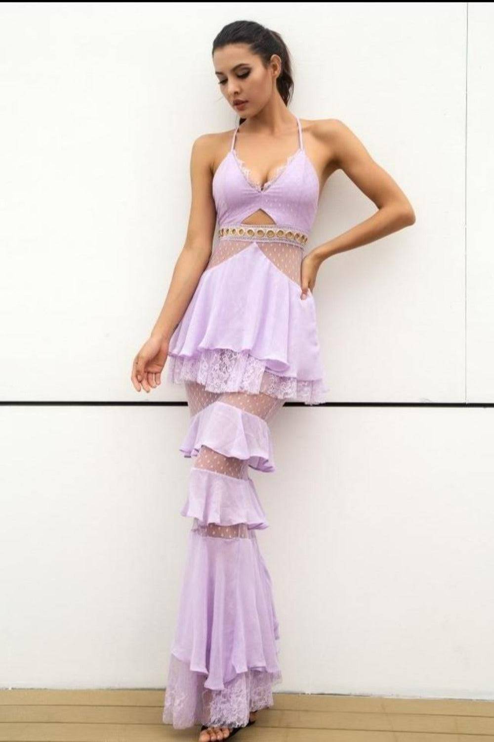 Valerie Layered Chiffon Lace Mermaid Maxi Dress - Light purple - TGC Boutique - Dress