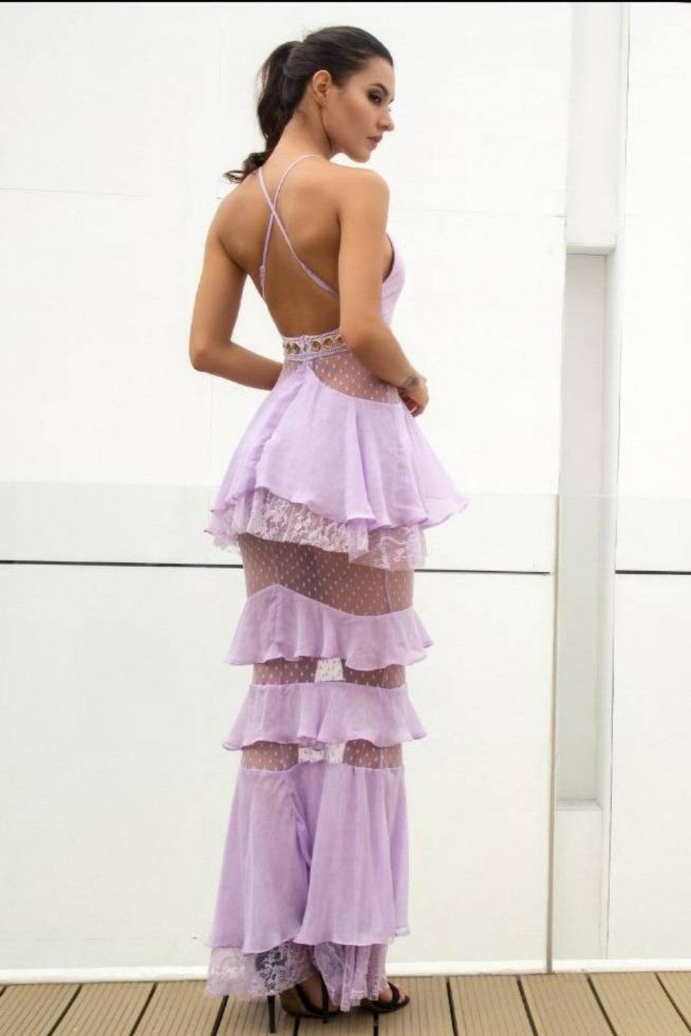 Valerie Layered Chiffon Lace Mermaid Maxi Dress - Light purple - TGC Boutique - Dress