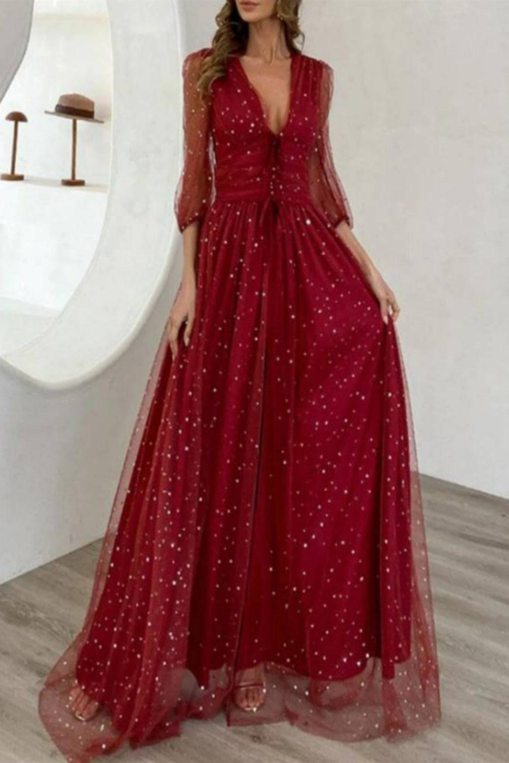 Waist Fitted High Slit Long Sleeve Maxi Dress - TGC Boutique - Star Dress
