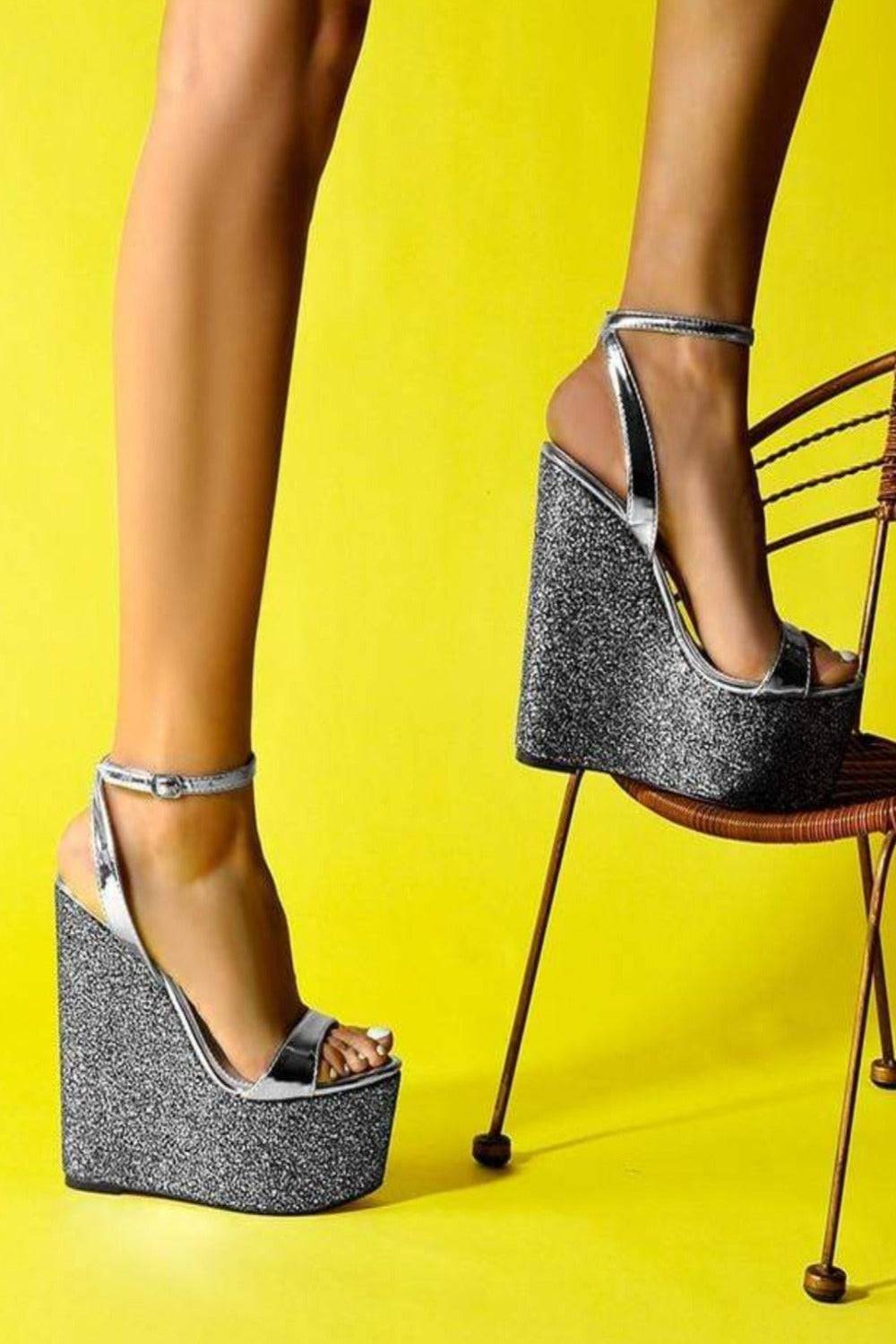 Wedge High Heel Metallic Platform Sandals - TGC Boutique - Glitter Shoes