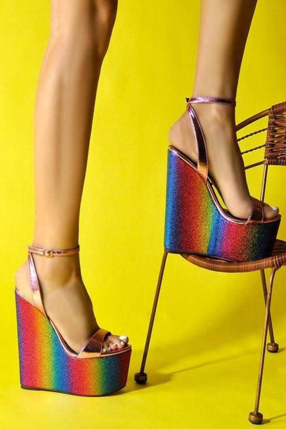 Wedge High Heel Metallic Platform Sandals - TGC Boutique - Glitter Shoes