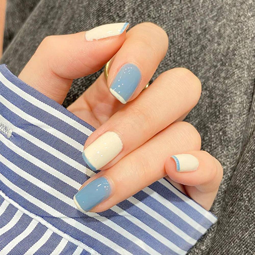 White Press On Nails Blue Glossy French Coffin Nail Kit - TGC Boutique - Press On Nails