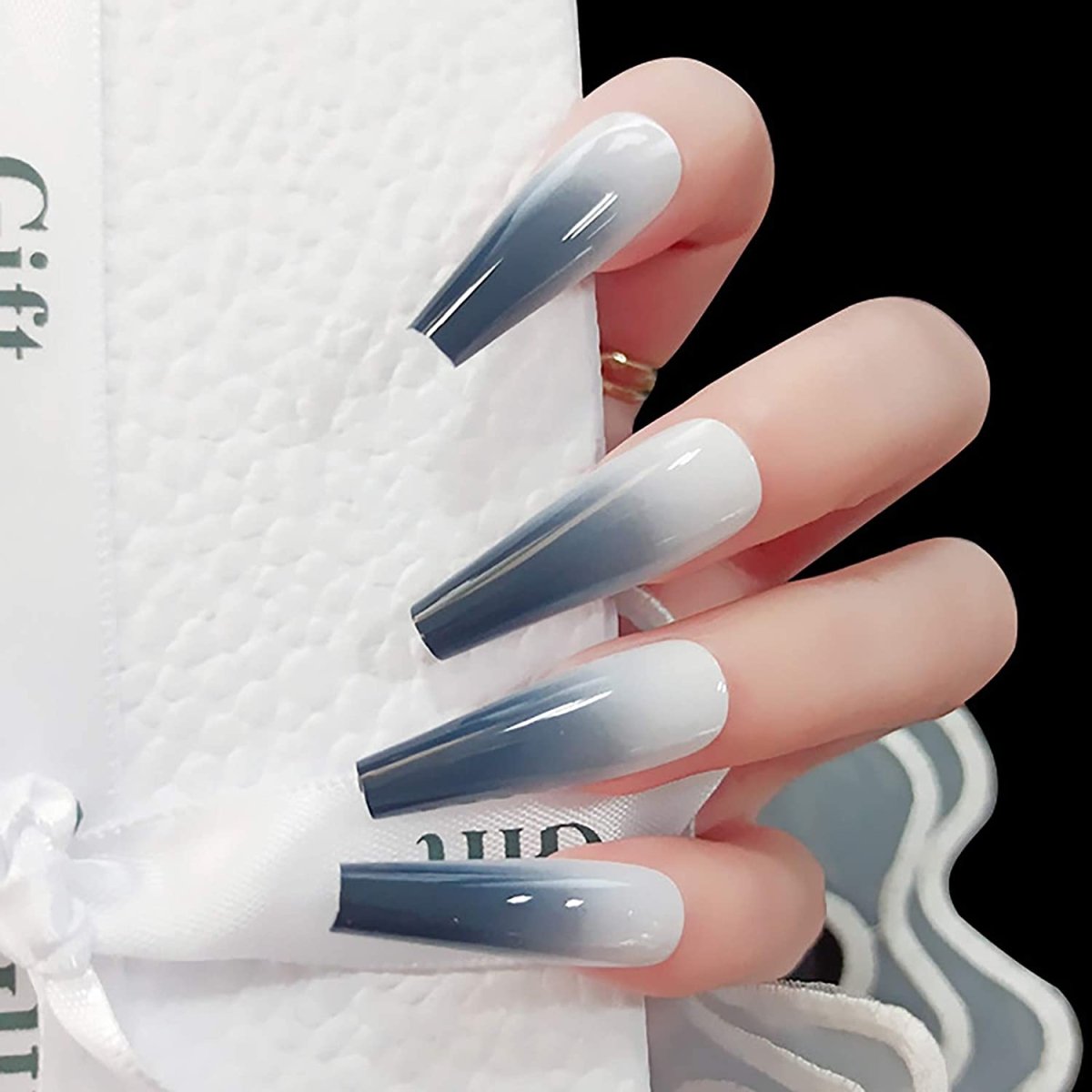 White Press On Nails Gray Ombre Glossy Coffin Nail Kit - TGC Boutique - Press On Nails