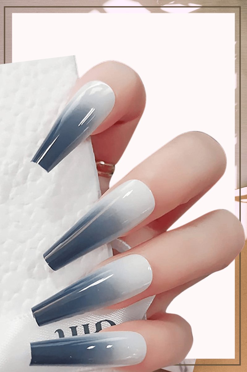 White Press On Nails Gray Ombre Glossy Coffin Nail Kit - TGC Boutique - Press On Nails