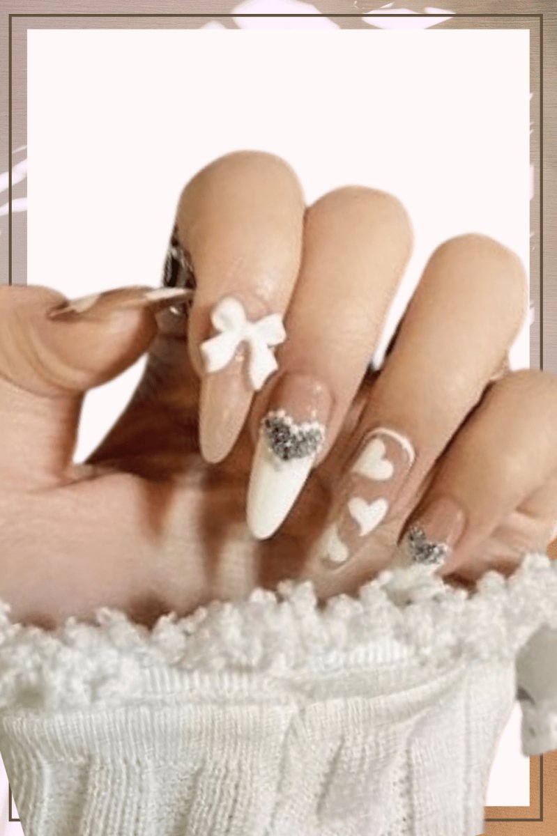 White Press On Nails Heart French Glossy Coffin Crystal Nail Kit - TGC Boutique - Press On Nails
