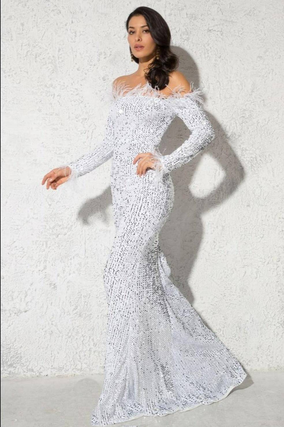 White Sequin Strapless Feather Long Sleeve Maxi Dress - TGC Boutique - White Feather Dress