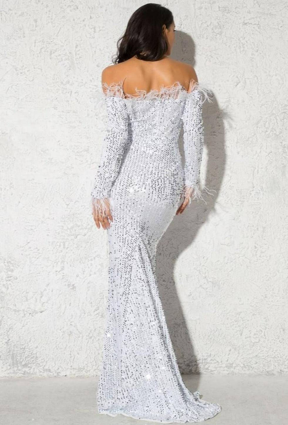 White Sequin Strapless Feather Long Sleeve Maxi Dress - TGC Boutique - White Feather Dress