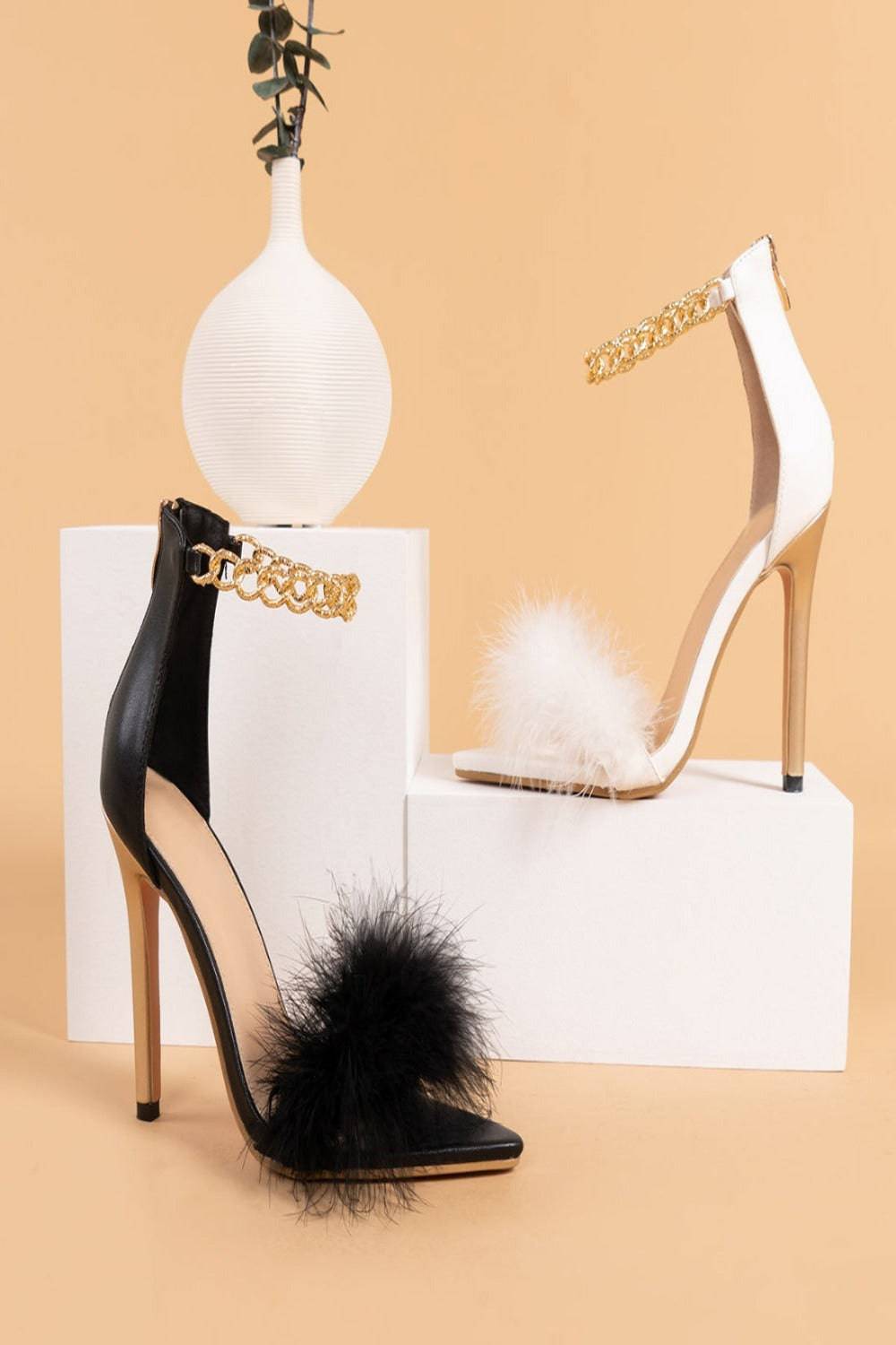 White Stiletto High Heel Sandals Gold Chain Fluffy Fur Shoes - TGC Boutique - High Heel Sandals