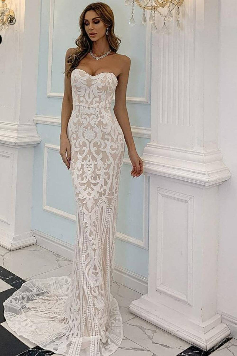 White Strapless Bodycon geometric Sequins Maxi Wedding Dress - TGC Boutique - White Wedding Dress