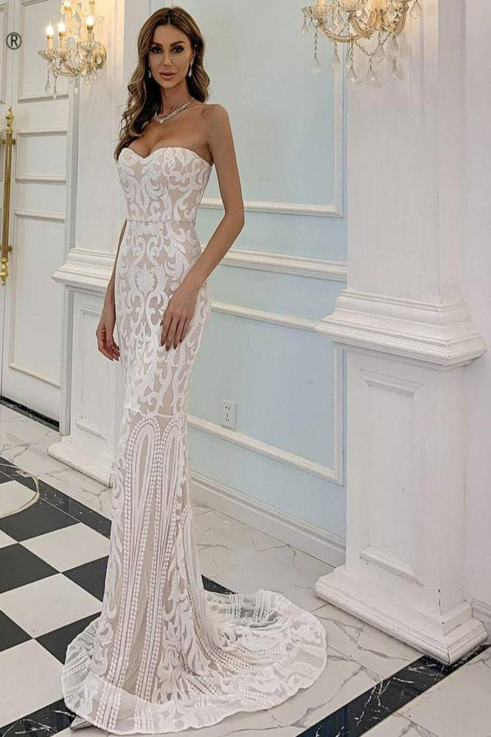 White Strapless Bodycon geometric Sequins Maxi Wedding Dress - TGC Boutique - White Wedding Dress