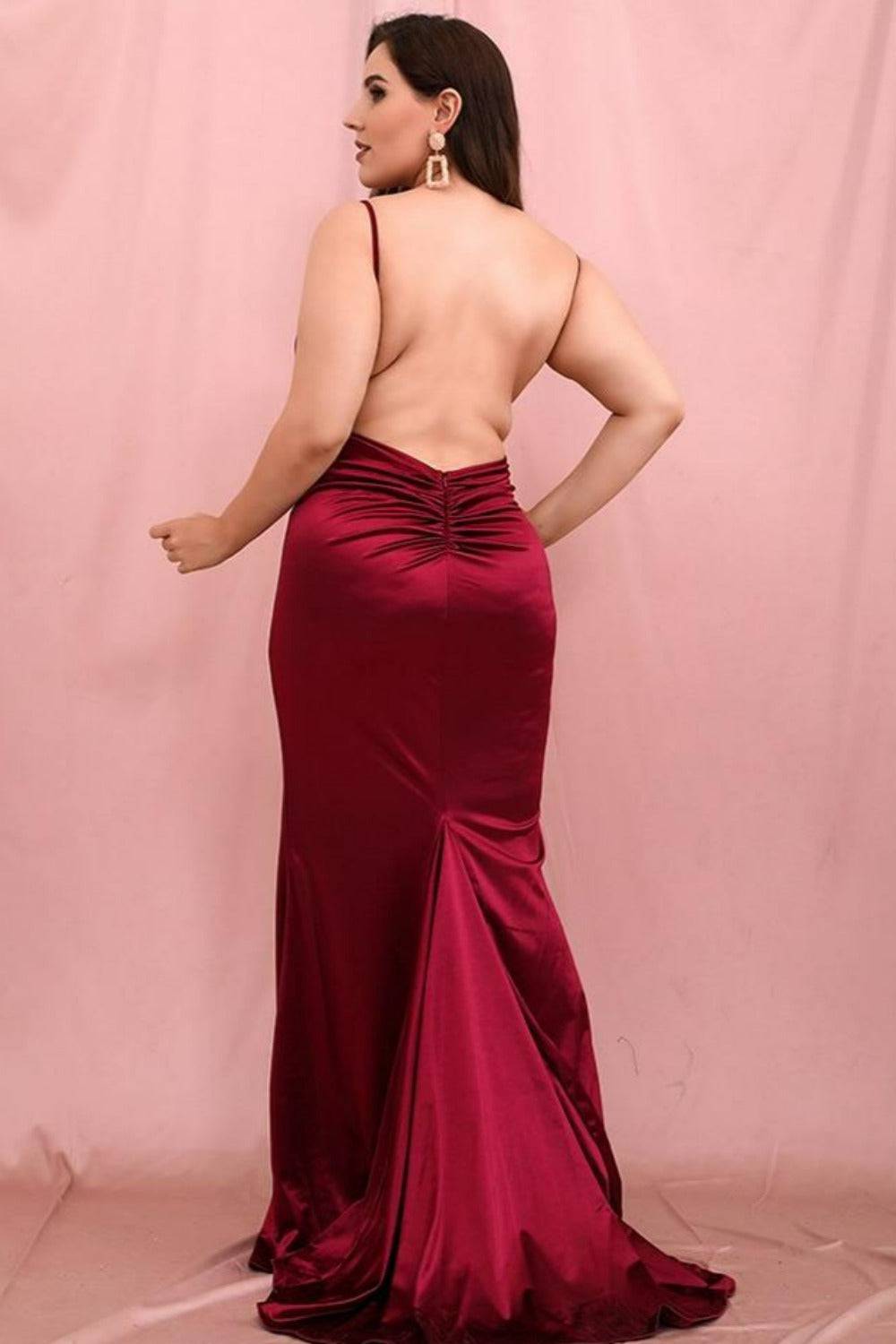 Wine Red Plus Size High Slit Satin Dress - TGC Boutique - Plus Size Dress