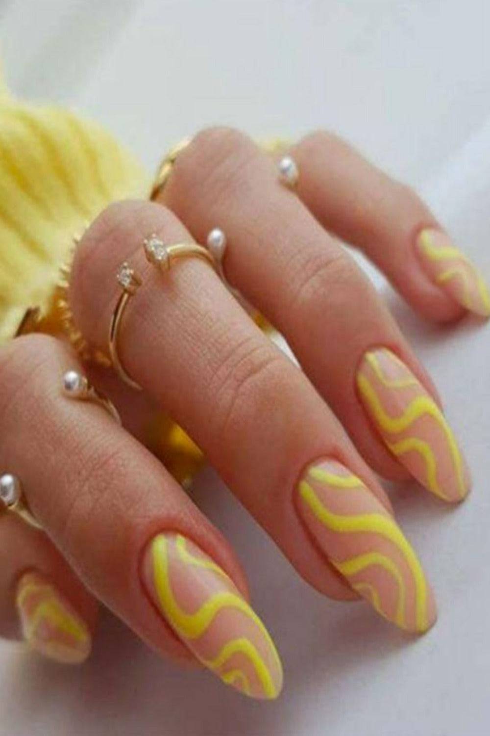 Yellow French Tip Wave Swirl Press On Nails Kit - TGC Boutique - Press On Nails